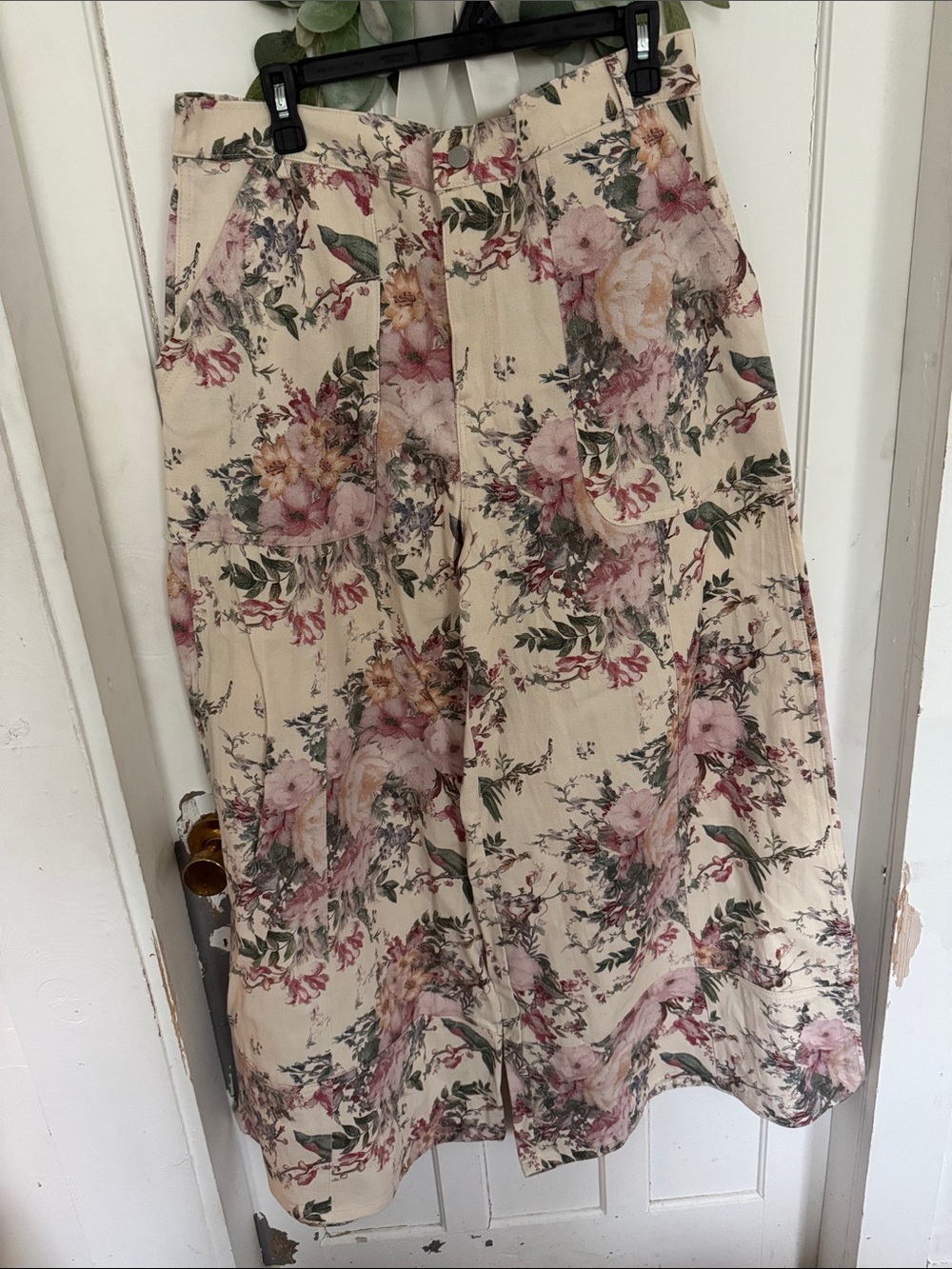 DAVI & DANI Cream Floral A-Line Midi pant with Pink and Green Print